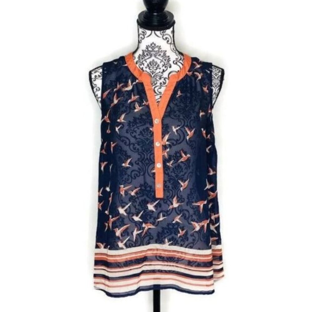 Daniel Rainn Sheer Bird Print Sleeveless Blouse Summer Buttons